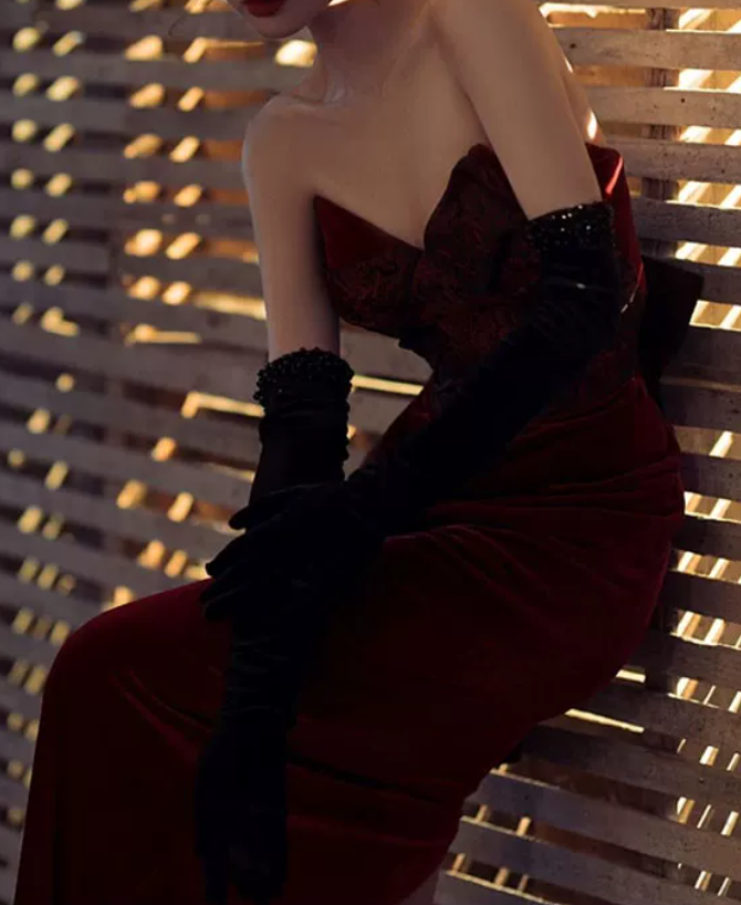 Retro Strapless Red Prom Dress Jacquard Mermaid Evening Dress C8965