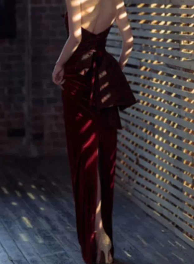 Retro Strapless Red Prom Dress Jacquard Mermaid Evening Dress C8965