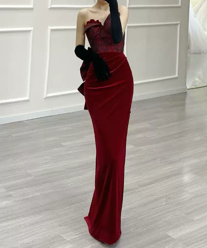 Retro Strapless Red Prom Dress Jacquard Mermaid Evening Dress C8965