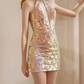 Lovely Halter Neck Sequins Pink Homecoming Dress With Bow Train Beaded Sheath Birthday Dress C8967