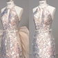 Lovely Halter Neck Sequins Pink Homecoming Dress With Bow Train Beaded Sheath Birthday Dress C8967