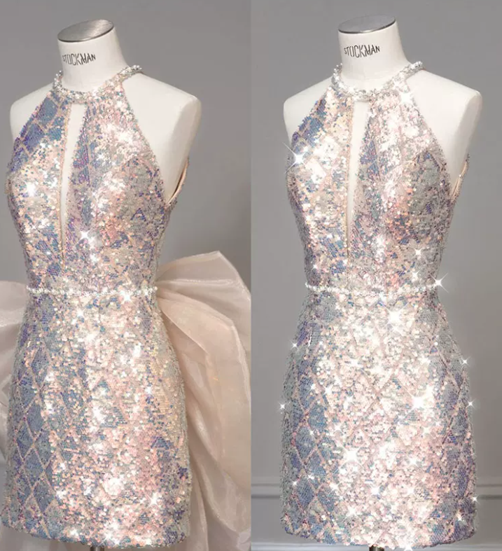 Lovely Halter Neck Sequins Pink Homecoming Dress With Bow Train Beaded Sheath Birthday Dress C8967