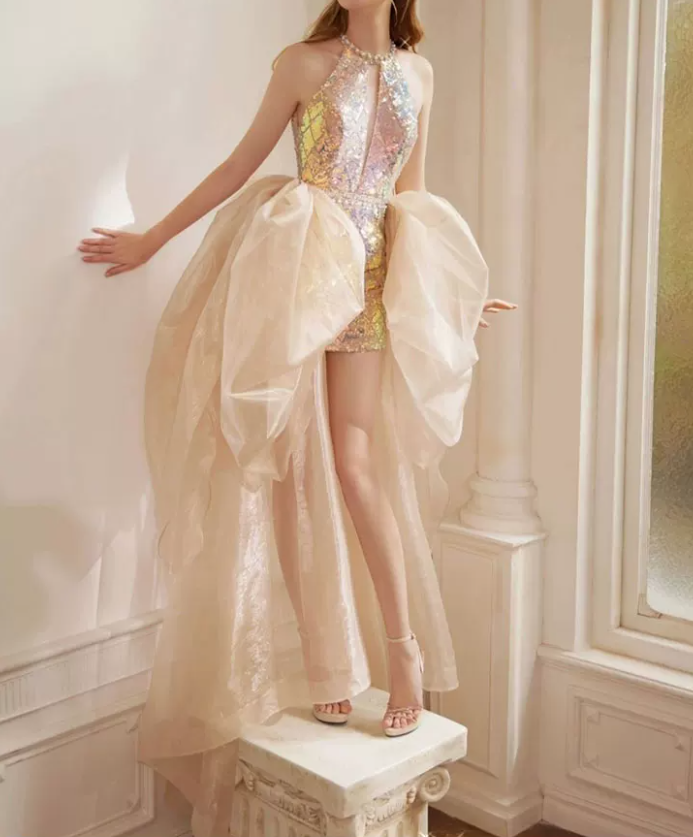 Lovely Halter Neck Sequins Pink Homecoming Dress With Bow Train Beaded Sheath Birthday Dress C8967