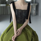 Vintage Spaghetti Straps Black & Green Prom Dress Sequins Lace Tiered A-Line Evening Dress C8968