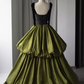 Vintage Spaghetti Straps Black & Green Prom Dress Sequins Lace Tiered A-Line Evening Dress C8968