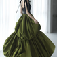 Vintage Spaghetti Straps Black & Green Prom Dress Sequins Lace Tiered A-Line Evening Dress C8968