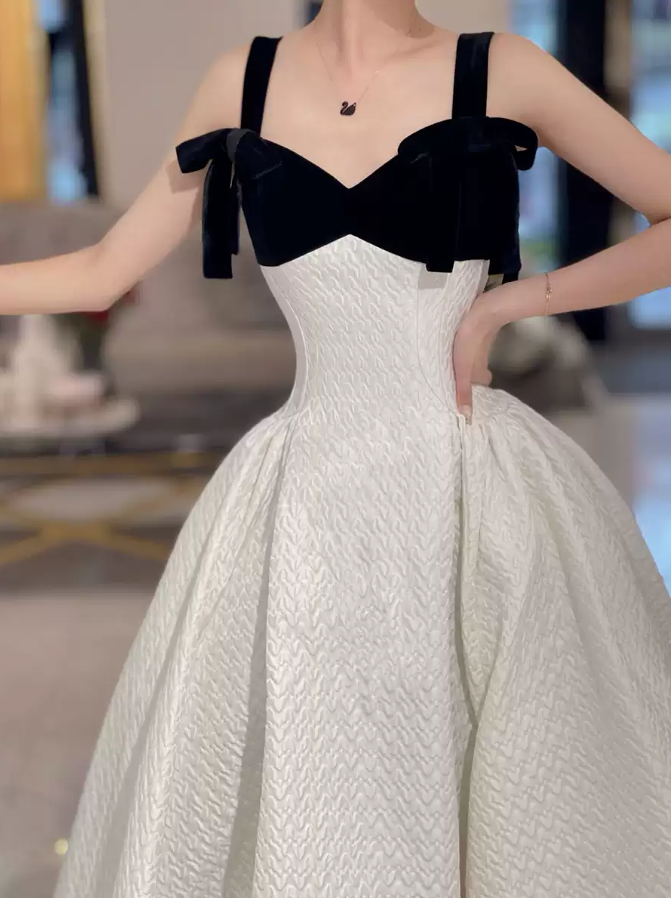 Romantic Spaghetti Straps Bows Prom Dress Black & White A-Line Evening Dress C8969