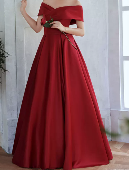 Classic Off-Shoulder Red Prom Dress Satin A-Line Evening Dress C8971