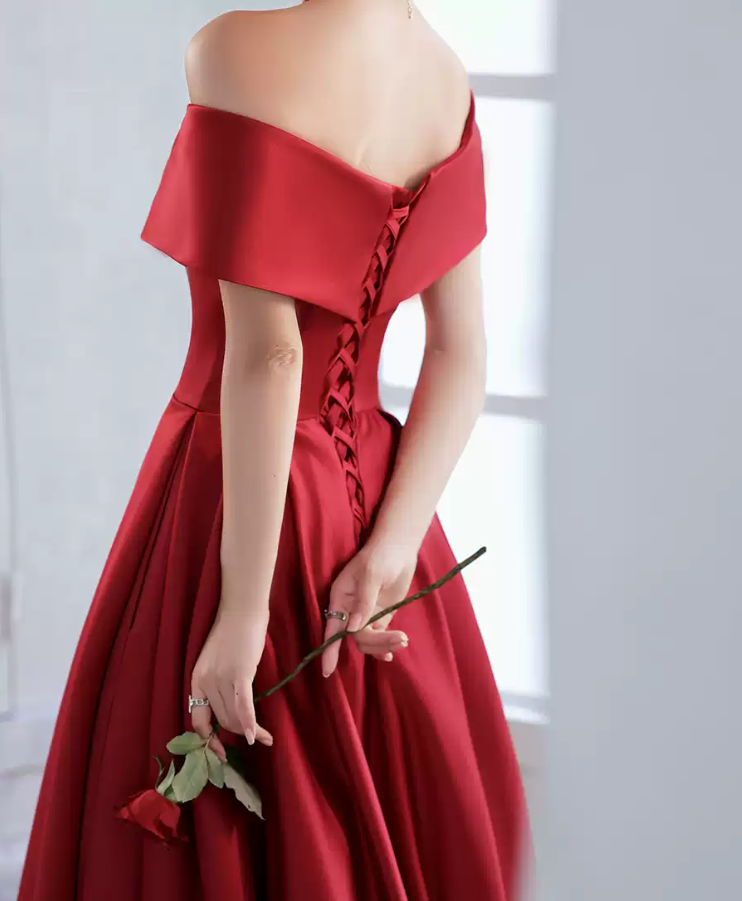 Classic Off-Shoulder Red Prom Dress Satin A-Line Evening Dress C8971