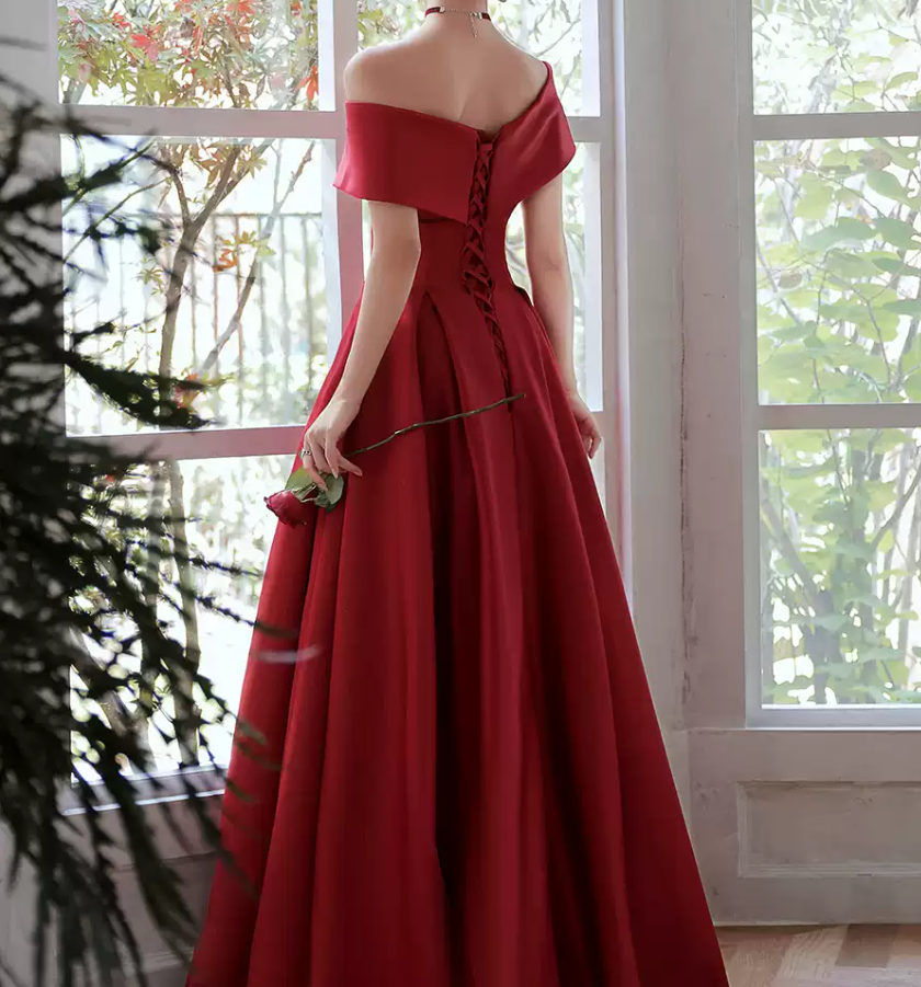 Classic Off-Shoulder Red Prom Dress Satin A-Line Evening Dress C8971