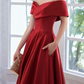 Classic Off-Shoulder Red Prom Dress Satin A-Line Evening Dress C8971