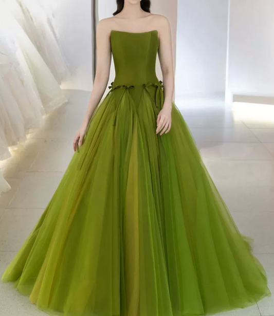 Fascinating Strapless Green Prom Dress Bows Tulle A-Line Evening Dress C8972