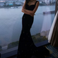 Sleek Spaghetti Straps Black Prom Dress Rhinestones Mermaid Evening Dress C8973