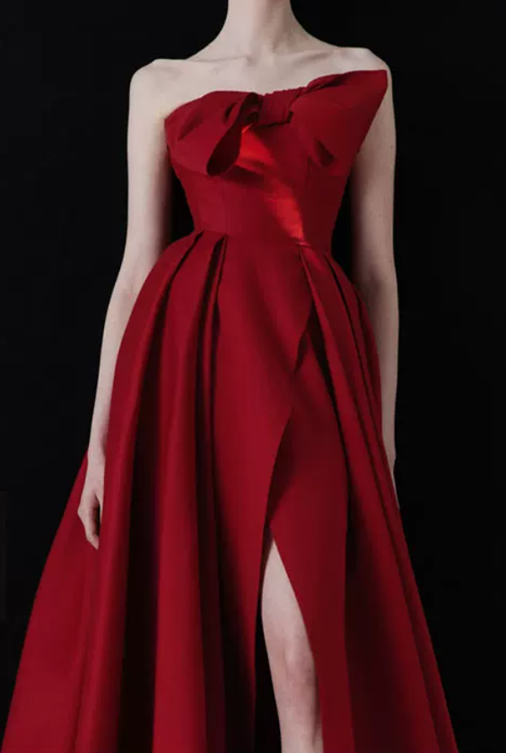 Alluring Strapless Red Prom Dress Bow Satin Slit A-Line Evening Dress C8974