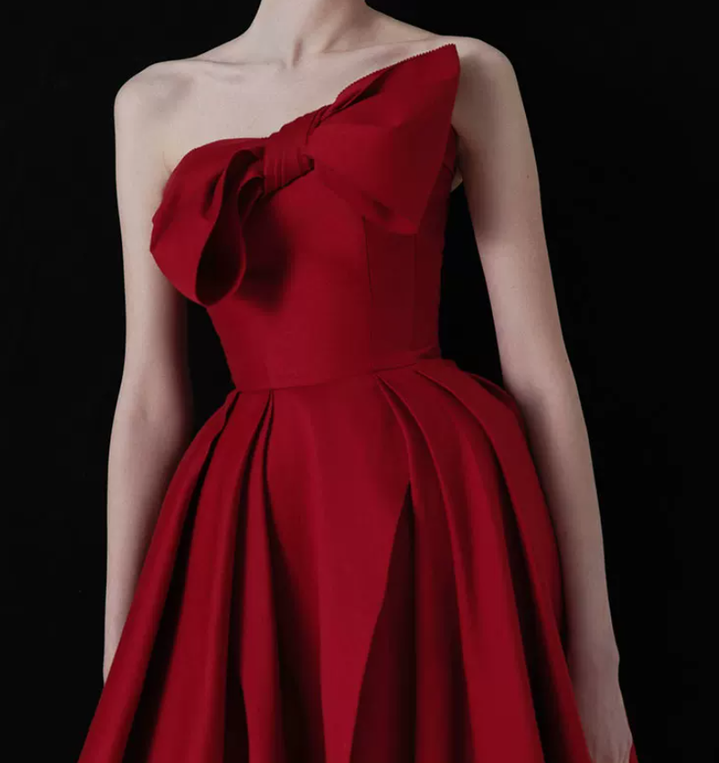 Alluring Strapless Red Prom Dress Bow Satin Slit A-Line Evening Dress C8974