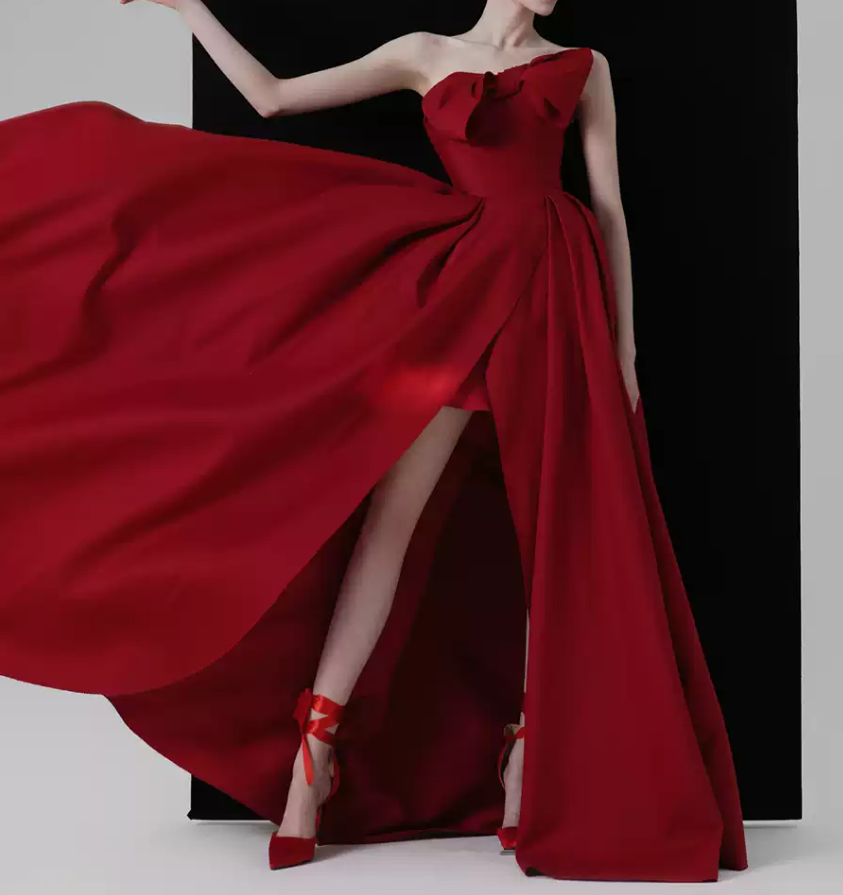 Alluring Strapless Red Prom Dress Bow Satin Slit A-Line Evening Dress C8974