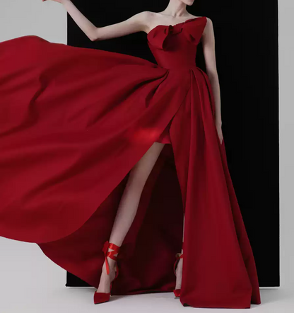 Alluring Strapless Red Prom Dress Bow Satin Slit A-Line Evening Dress C8974