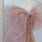 Sweet Spaghetti Straps Prom Dress Pink Sequins Tulle A-Line Evening Dress C8975