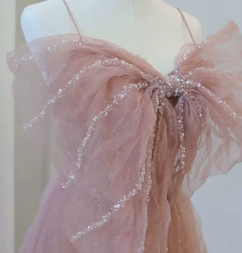 Sweet Spaghetti Straps Prom Dress Pink Sequins Tulle A-Line Evening Dress C8975