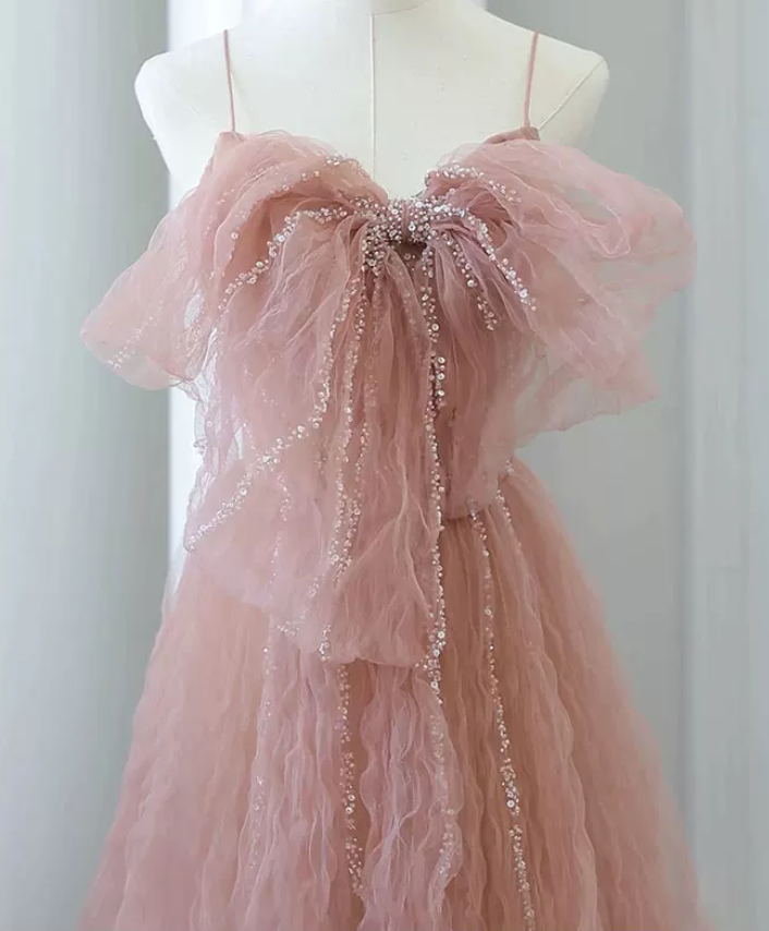 Sweet Spaghetti Straps Prom Dress Pink Sequins Tulle A-Line Evening Dress C8975