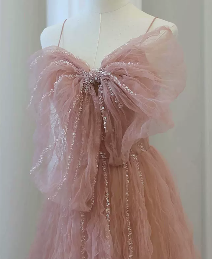 Sweet Spaghetti Straps Prom Dress Pink Sequins Tulle A-Line Evening Dress C8975