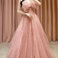 Sweet Spaghetti Straps Prom Dress Pink Sequins Tulle A-Line Evening Dress C8975