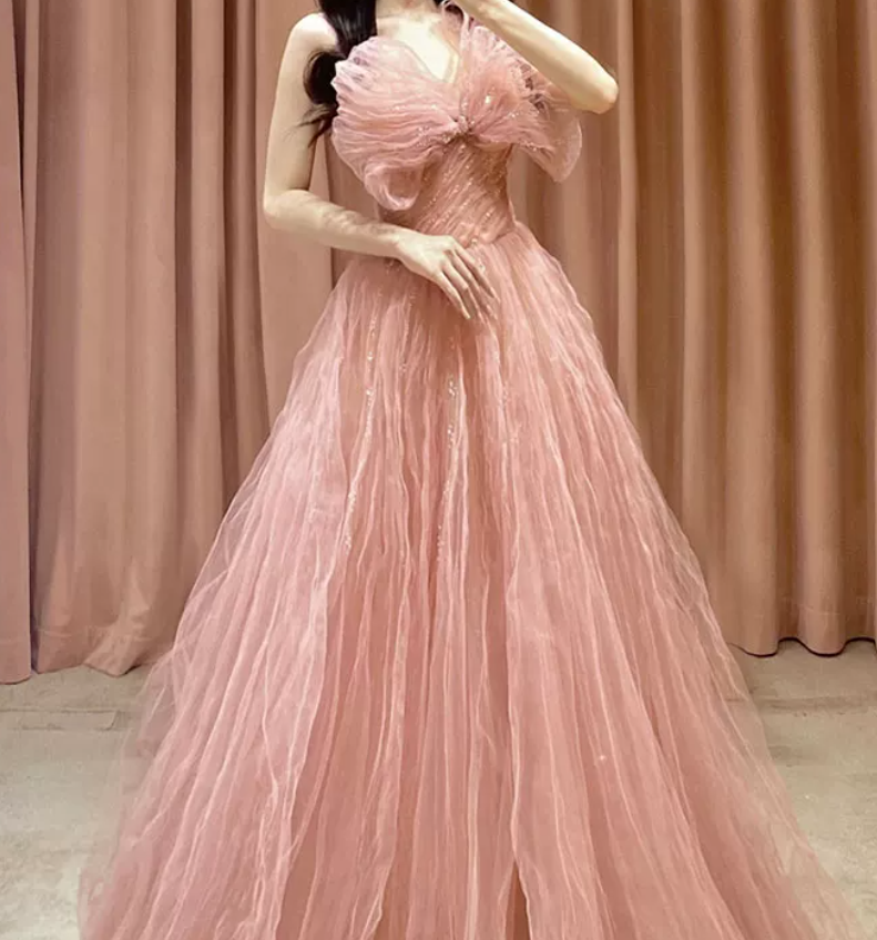 Sweet Spaghetti Straps Prom Dress Pink Sequins Tulle A-Line Evening Dress C8975