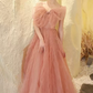 Sweet Spaghetti Straps Prom Dress Pink Sequins Tulle A-Line Evening Dress C8975