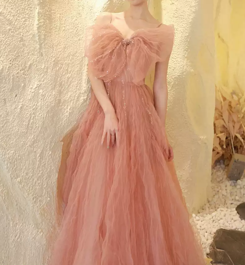 Sweet Spaghetti Straps Prom Dress Pink Sequins Tulle A-Line Evening Dress C8975