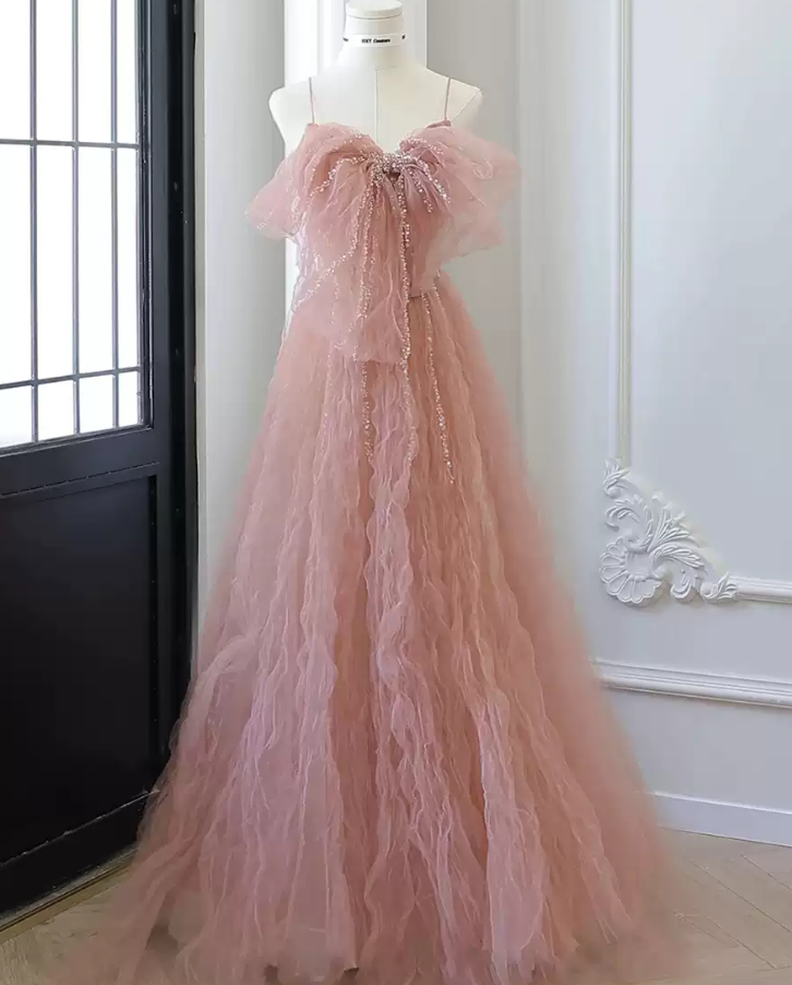 Sweet Spaghetti Straps Prom Dress Pink Sequins Tulle A-Line Evening Dress C8975