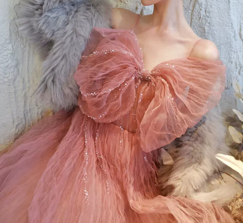 Sweet Spaghetti Straps Prom Dress Pink Sequins Tulle A-Line Evening Dress C8975