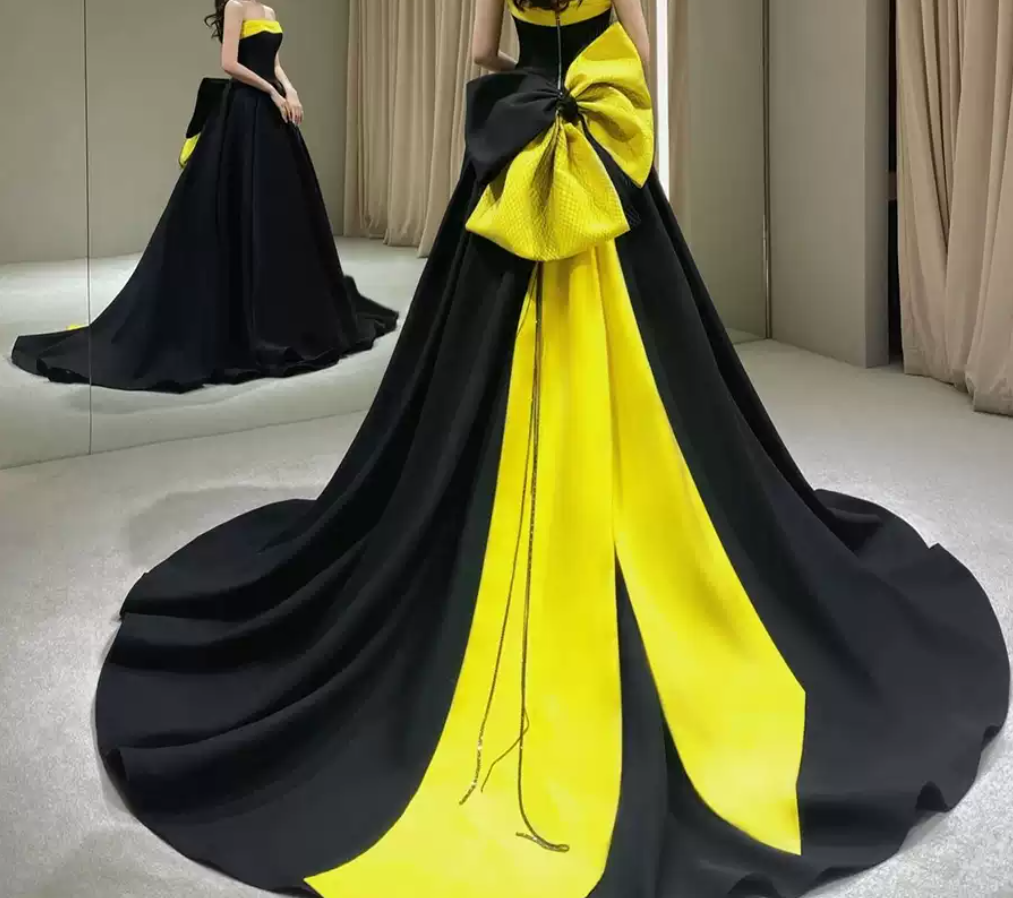 Retro Strapless Black Prom Dress Bow A-Line Evening Dress C8978