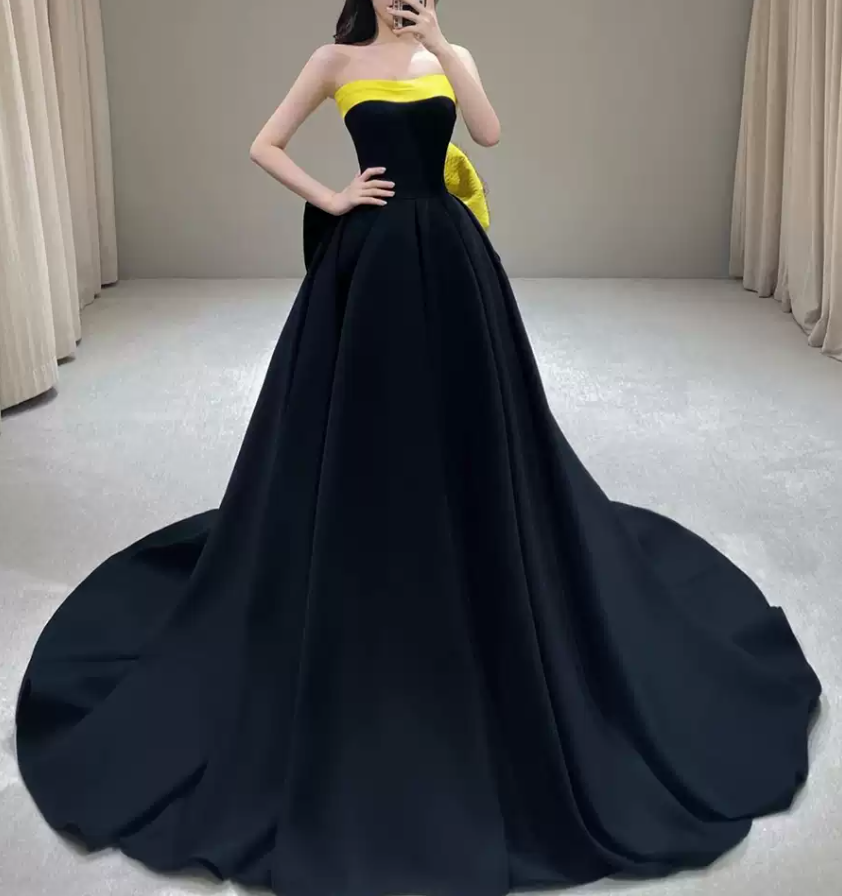 Retro Strapless Black Prom Dress Bow A-Line Evening Dress C8978