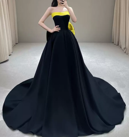 Retro Strapless Black Prom Dress Bow A-Line Evening Dress C8978