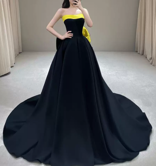 Retro Strapless Black Prom Dress Bow A-Line Evening Dress C8978