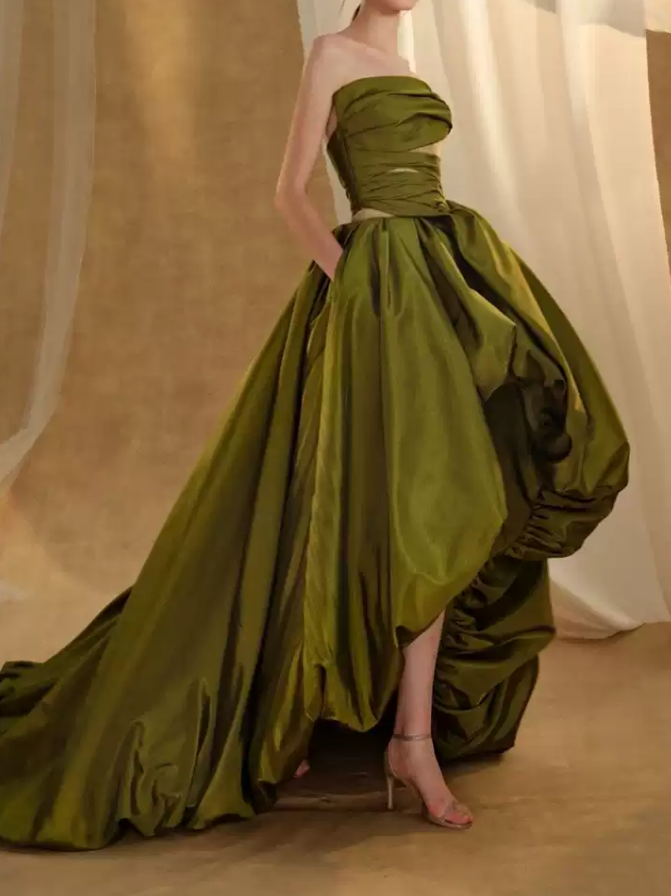 Enchanting Strapless Green Prom Dress Satin A-Line Evening Dress C8979