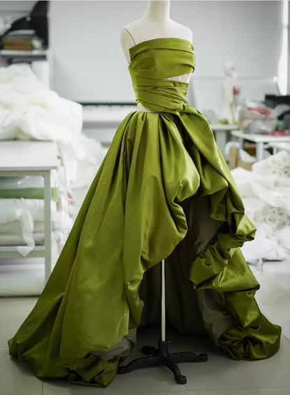 Enchanting Strapless Green Prom Dress Satin A-Line Evening Dress C8979