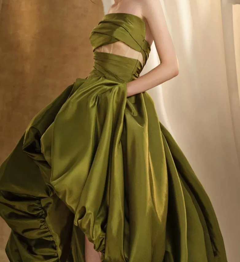 Enchanting Strapless Green Prom Dress Satin A-Line Evening Dress C8979