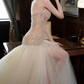Glittering Strapless Slit Beige Prom Dress Sequins Tulle Beaded A-Line Evening Dress C8980