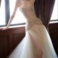 Glittering Strapless Slit Beige Prom Dress Sequins Tulle Beaded A-Line Evening Dress C8980