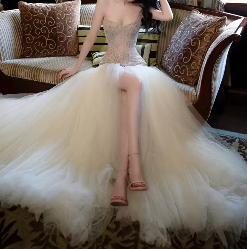 Glittering Strapless Slit Beige Prom Dress Sequins Tulle Beaded A-Line Evening Dress C8980