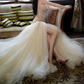 Glittering Strapless Slit Beige Prom Dress Sequins Tulle Beaded A-Line Evening Dress C8980