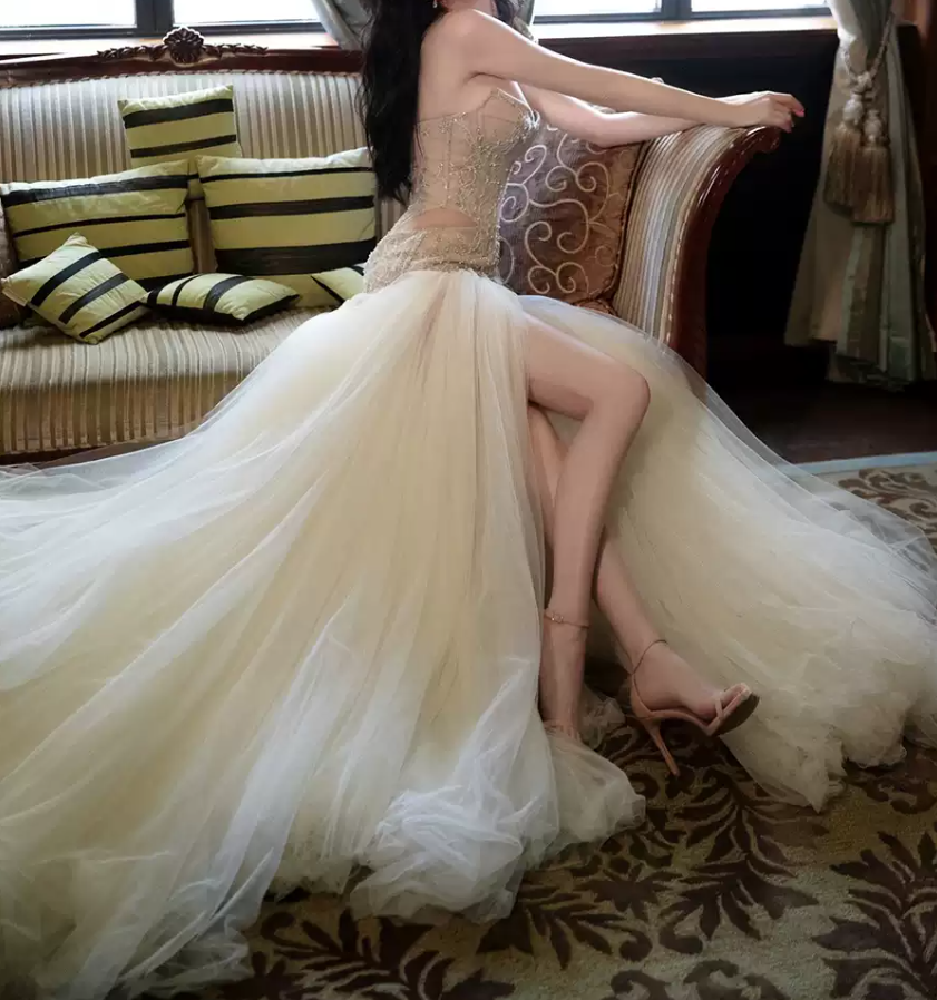 Glittering Strapless Slit Beige Prom Dress Sequins Tulle Beaded A-Line Evening Dress C8980