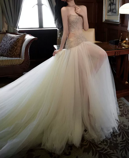 Glittering Strapless Slit Beige Prom Dress Sequins Tulle Beaded A-Line Evening Dress C8980