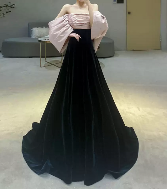 Sleek Off-Shoulder Beads Prom Dress Black Velvet Bow A-Line Evening Dress C8981