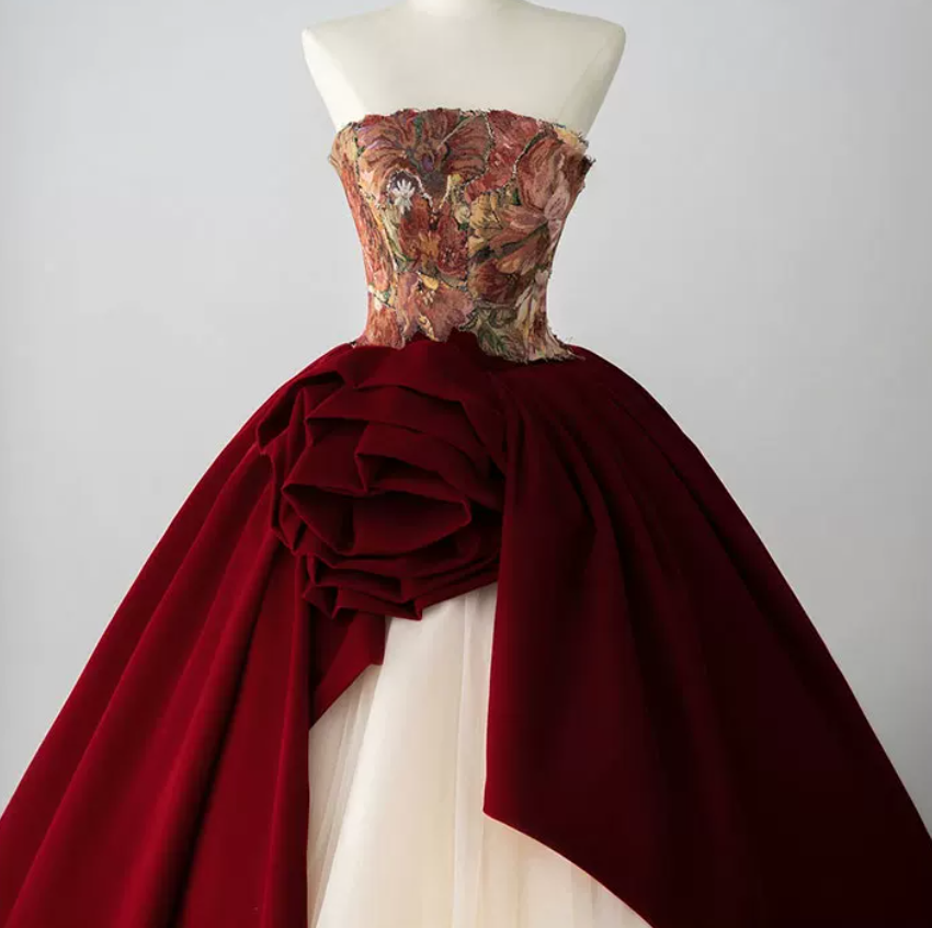 Vintage Strapless Red Prom Dress Floral Bodice Tulle A-Line Evening Dress C8982