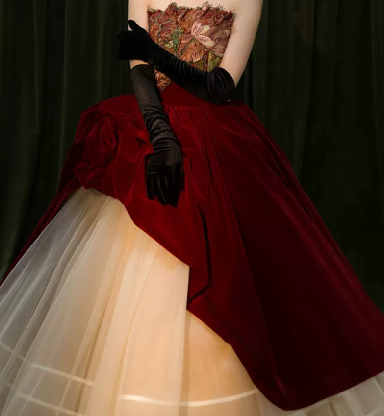 Vintage Strapless Red Prom Dress Floral Bodice Tulle A-Line Evening Dress C8982