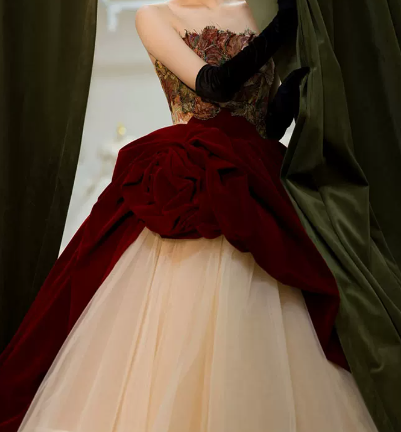 Vintage Strapless Red Prom Dress Floral Bodice Tulle A-Line Evening Dress C8982