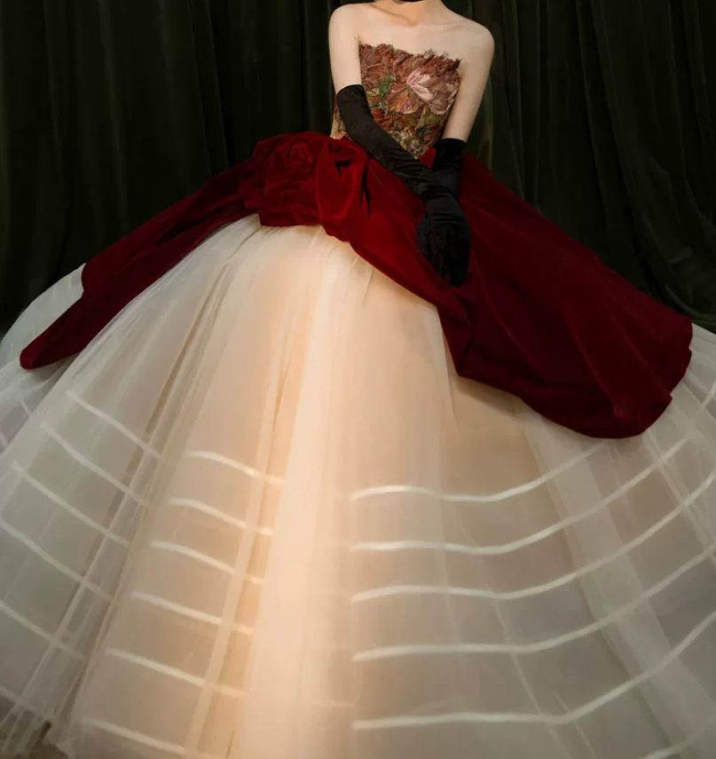 Vintage Strapless Red Prom Dress Floral Bodice Tulle A-Line Evening Dress C8982