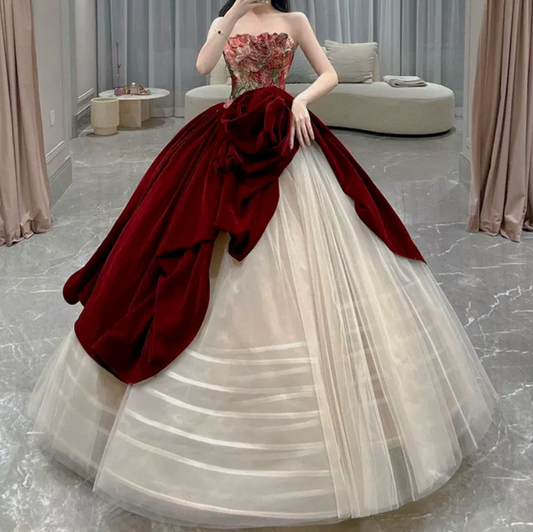 Vintage Strapless Red Prom Dress Floral Bodice Tulle A-Line Evening Dress C8982